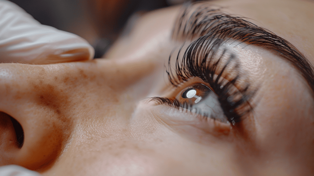 Closeup of a woman getting eyelash extensions.