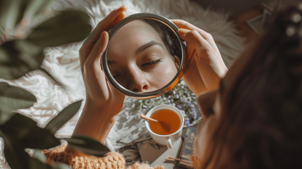 A woman sitting in a relaxing setting with tea and looking into a mirror.