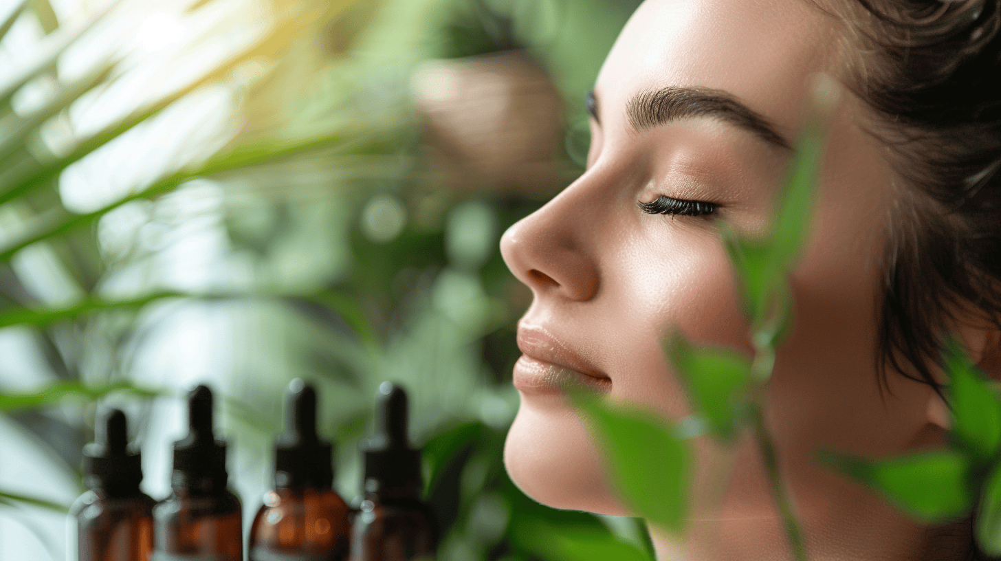 A woman with serums to take care of her skin after getting her eyebrows microbladed.