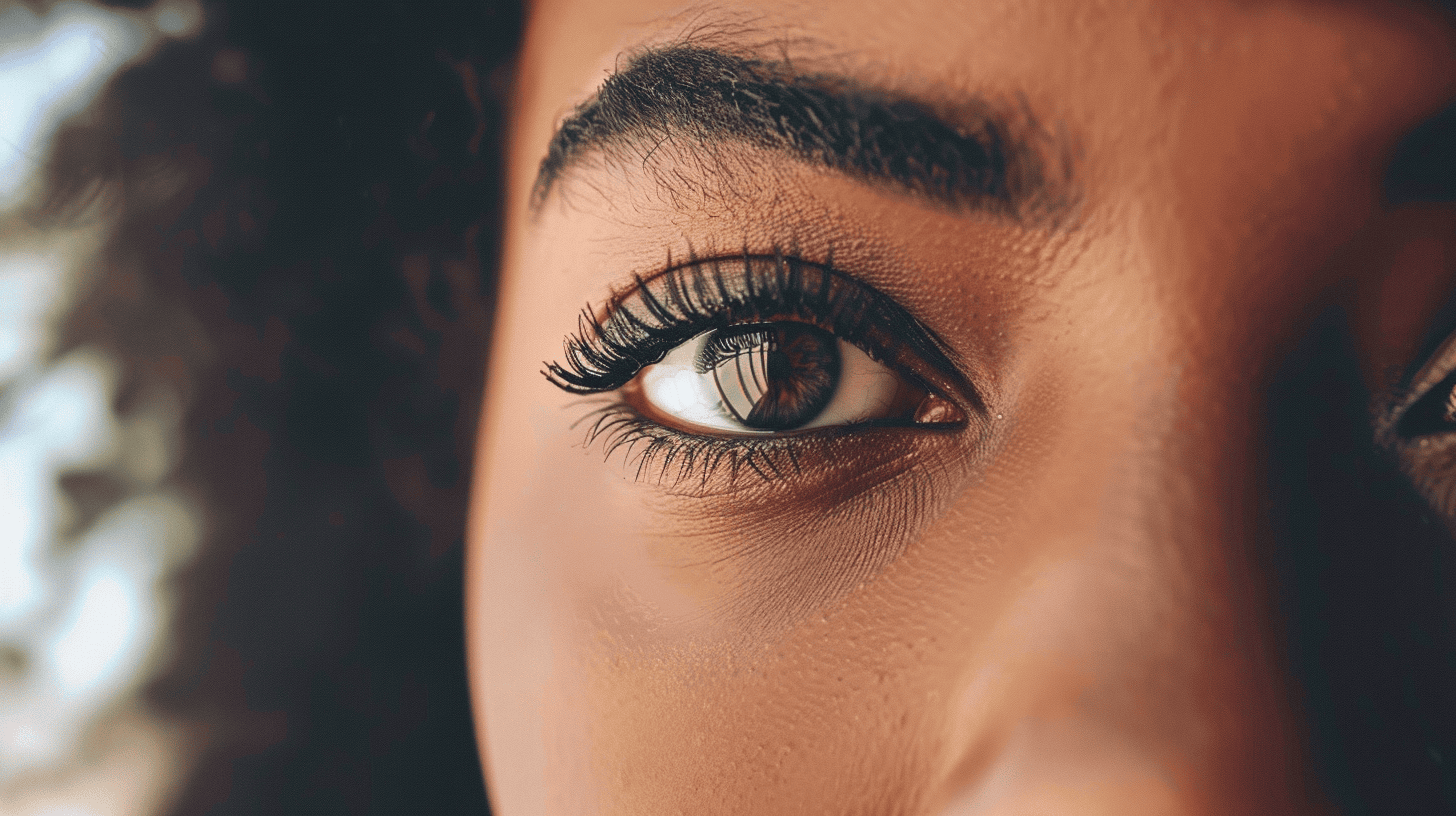 Closeup of a woman's eyelashes and eyebrows after visiting a beauty technician.