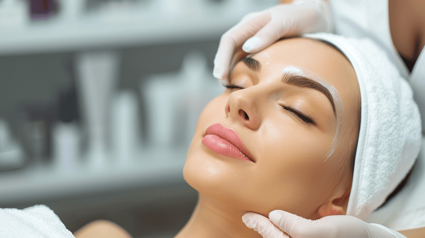 Woman getting a hydrafacial done by a beauty technician.