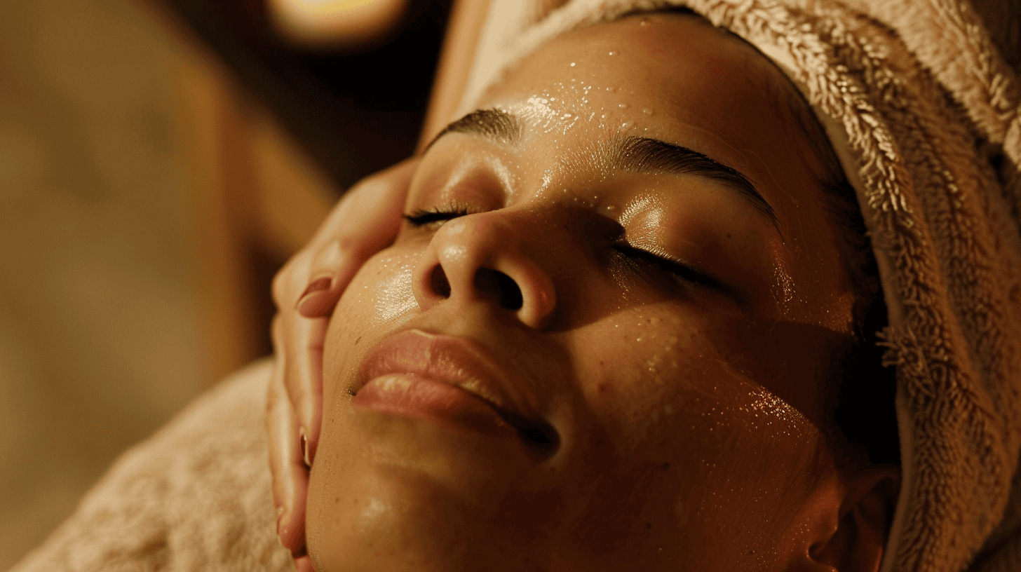 Woman getting a facial done by a beauty technician.