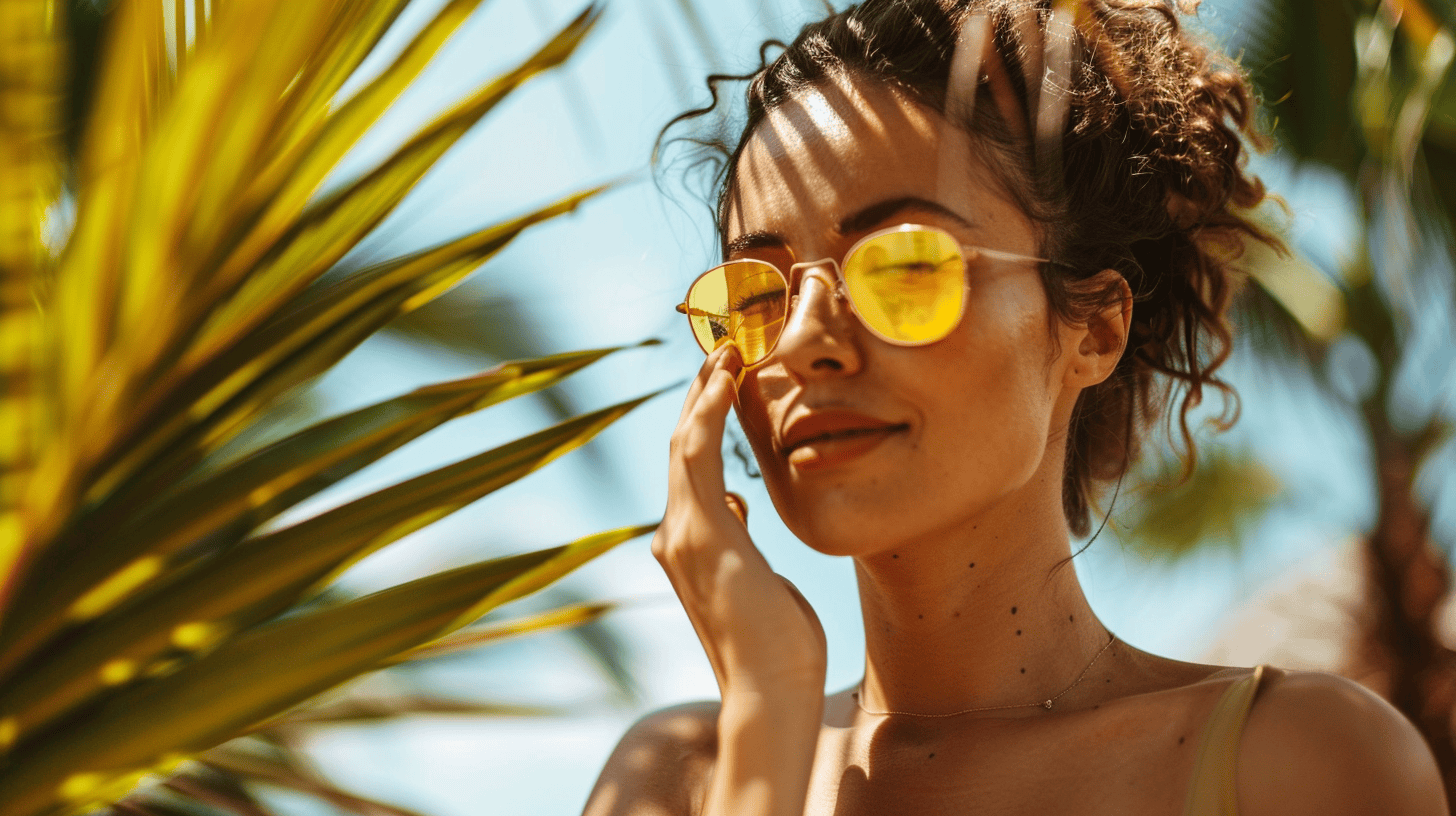 Woman reapplying sunscreen to her face in an outdoor tropical setting.