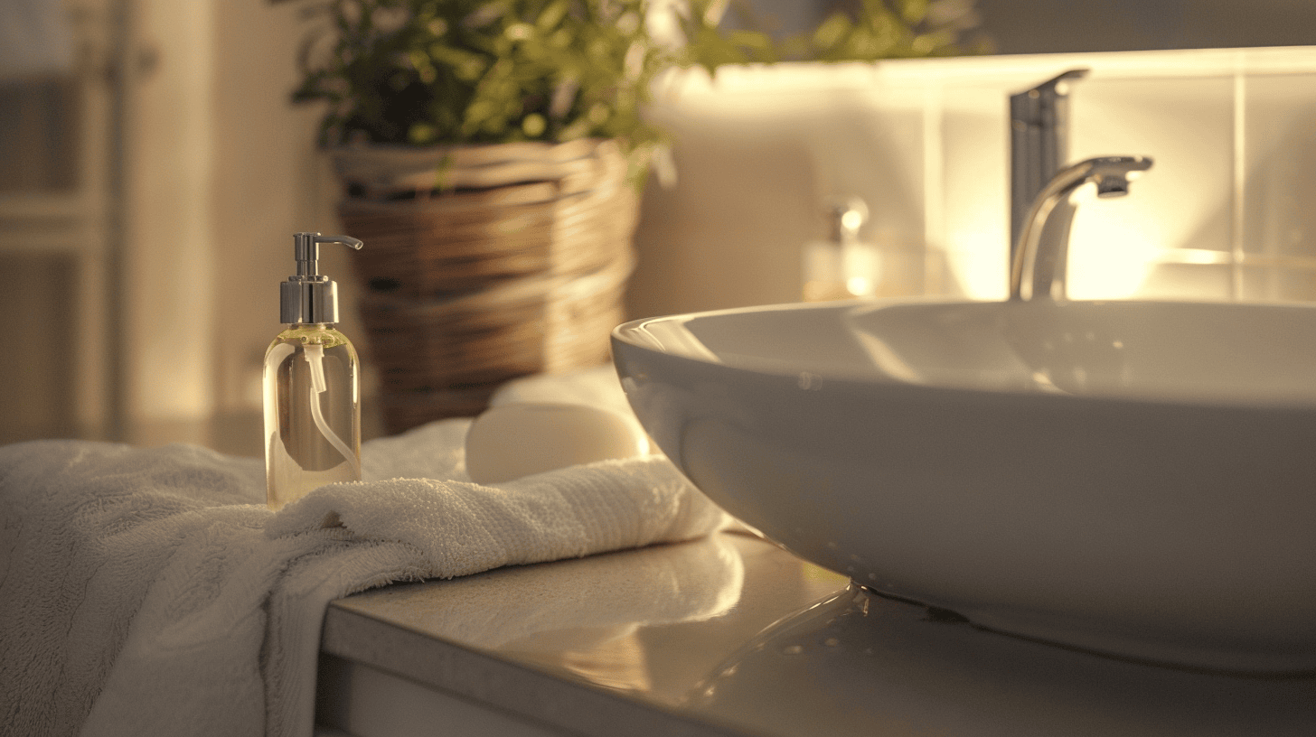 A serene bathroom setting with a close-up of a bottle of creamy hydrating cleanser next to a sink, surrounded by soft towels and gentle lighting.