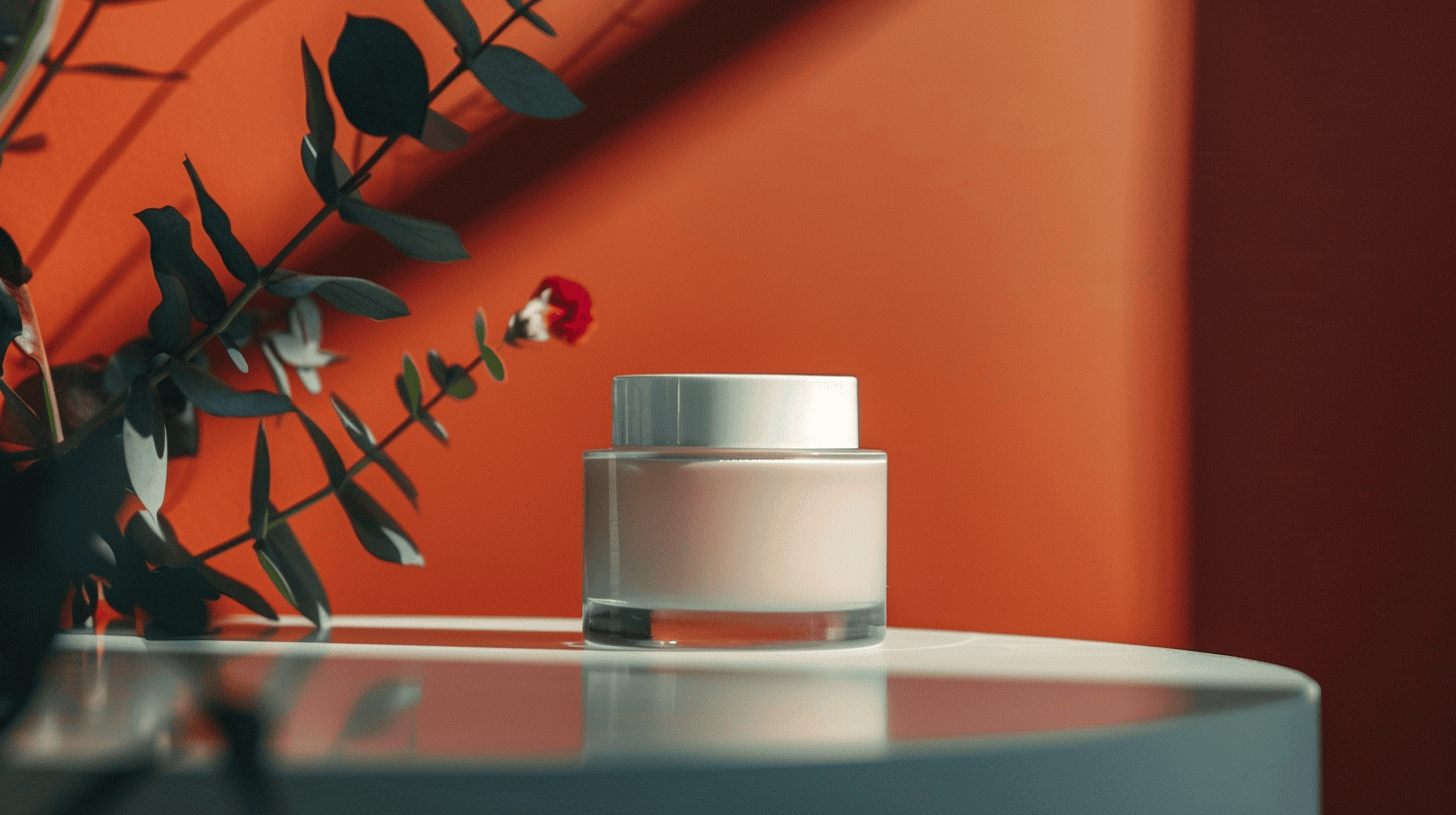 Jar of moisturizer for skincare on a counter with a terracotta background. 