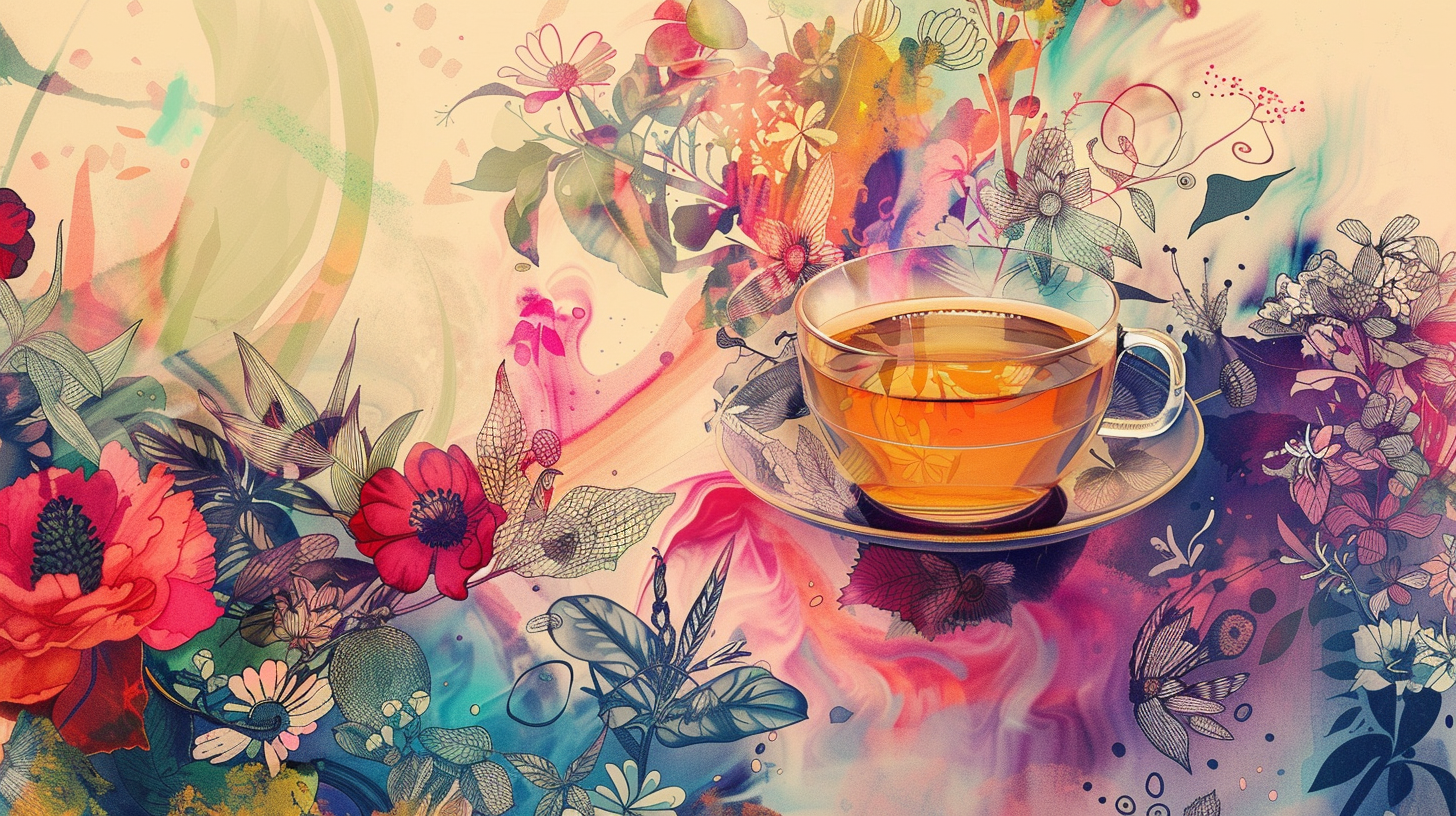 Cup of herbal tea in front of a colorful background with flowers.