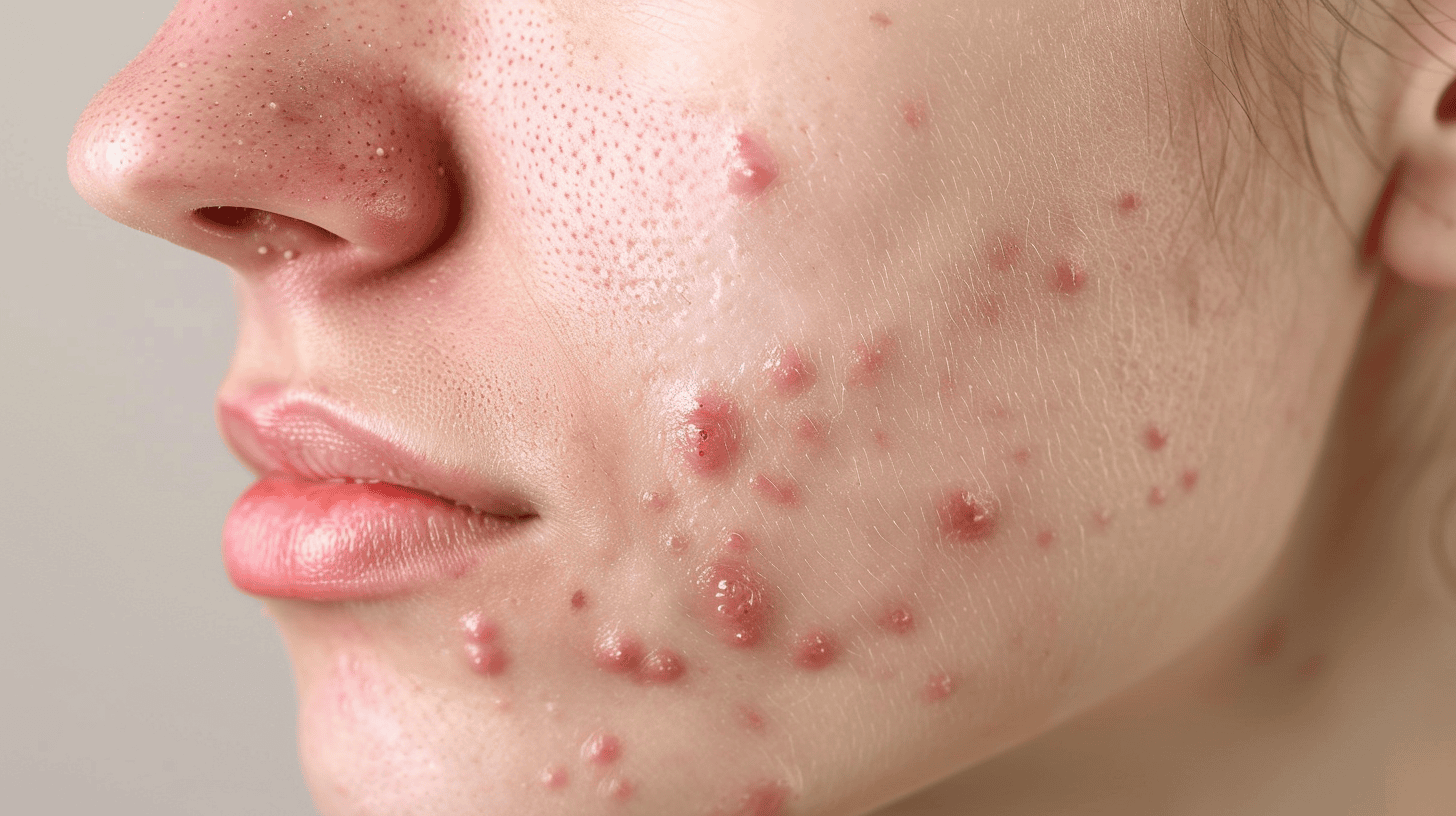 Closeup of a woman with acne.