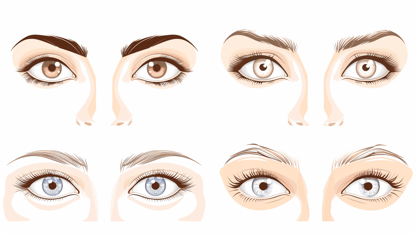 Illustration of different eyebrow shapes on various eye types, showcasing diverse brow styles for beauty and facial symmetry.