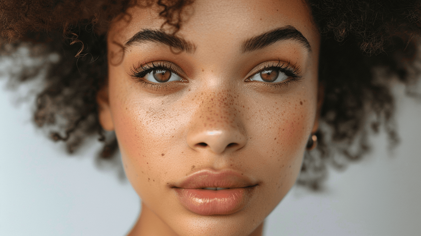 Close-up of a woman with a round face and high-arched eyebrows, highlighting natural beauty, eyebrow shaping, and facial symmetry.