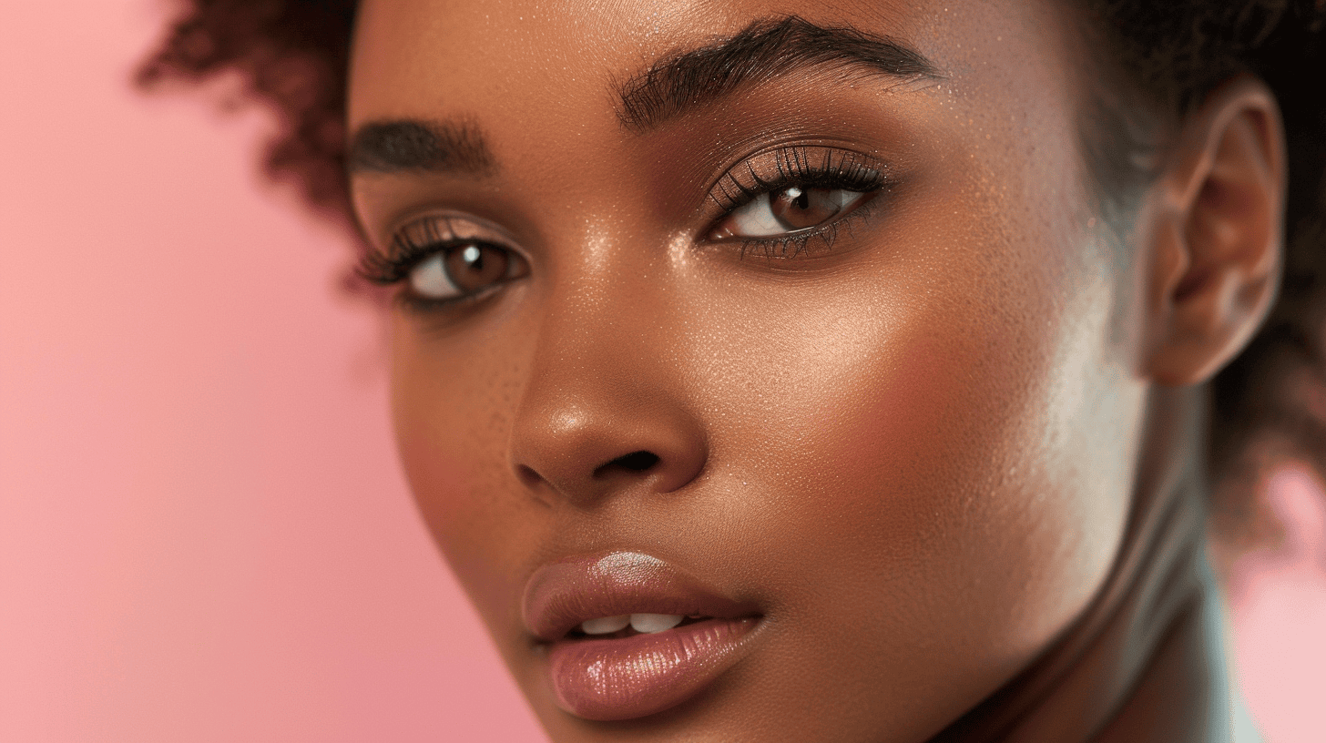 Close-up of a woman with a square face and soft, curved eyebrows, showcasing balanced brow shaping and facial harmony against a pink background.